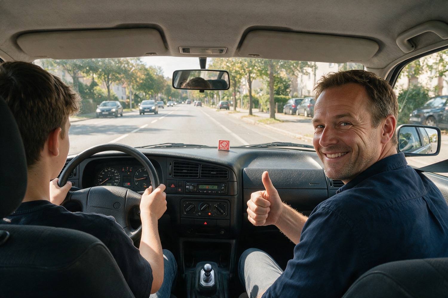 Fahrlehrer gibt Fahrschüler im Auto Daumen hoch