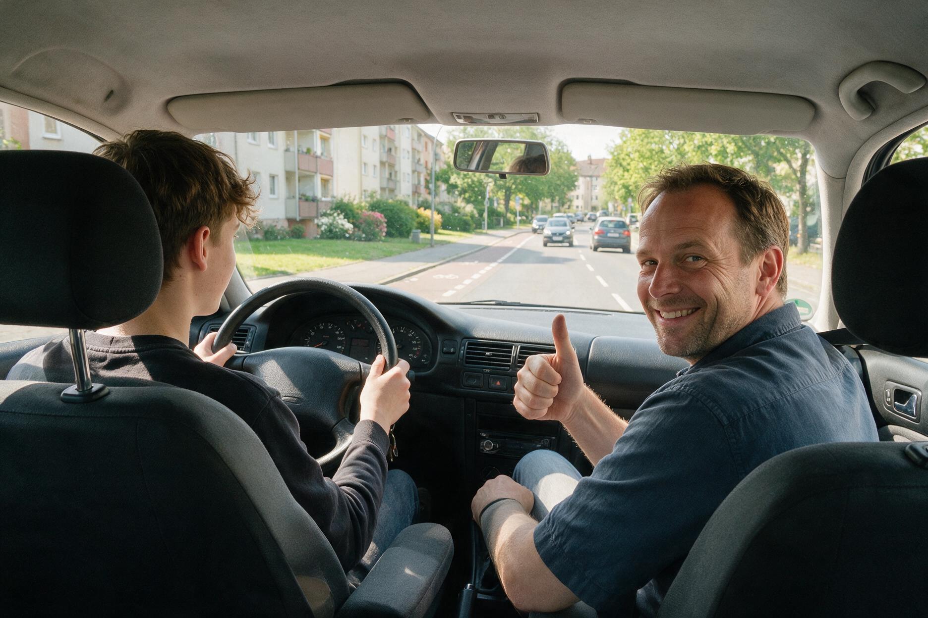 Fahrlehrer gibt Fahrschüler im Auto Daumen hoch